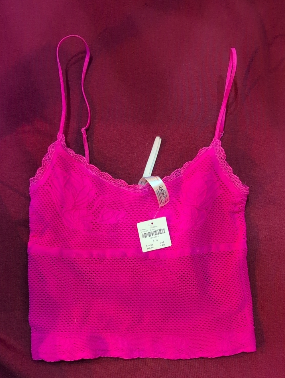 Anthropologie Hot Pink Lace-Trim Mesh Bandeau Cami